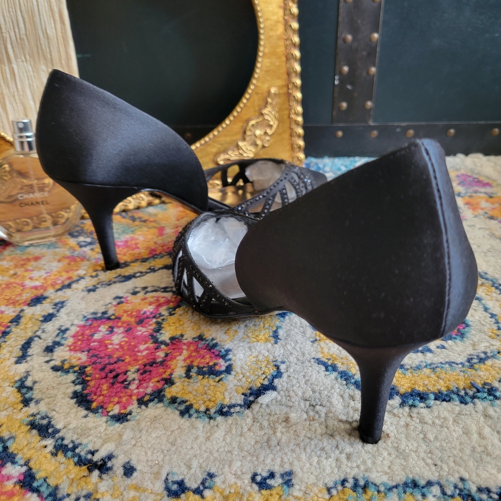 Nina Black Satin d'Orsay Heels with Rhinestone Detailing - Picture 3 of 12